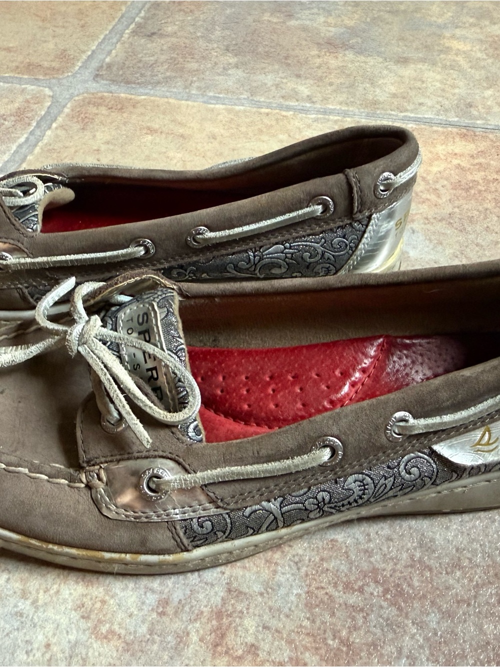 Sperry Womenβs Taupe Suede Boat Shoes with Red Insole